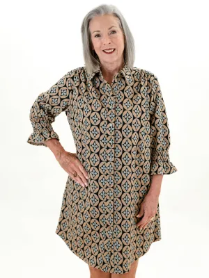 3/4 Sleeve Button Down Dress Brown/Grey by Boho Chic