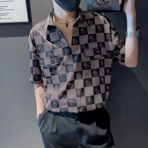 Aidase Summer Brand Plaid Shirts Men Half Sleeve Loose Pullover Fashion V Neck Business Casual Shirt Social Party Tuxedo Blouse
