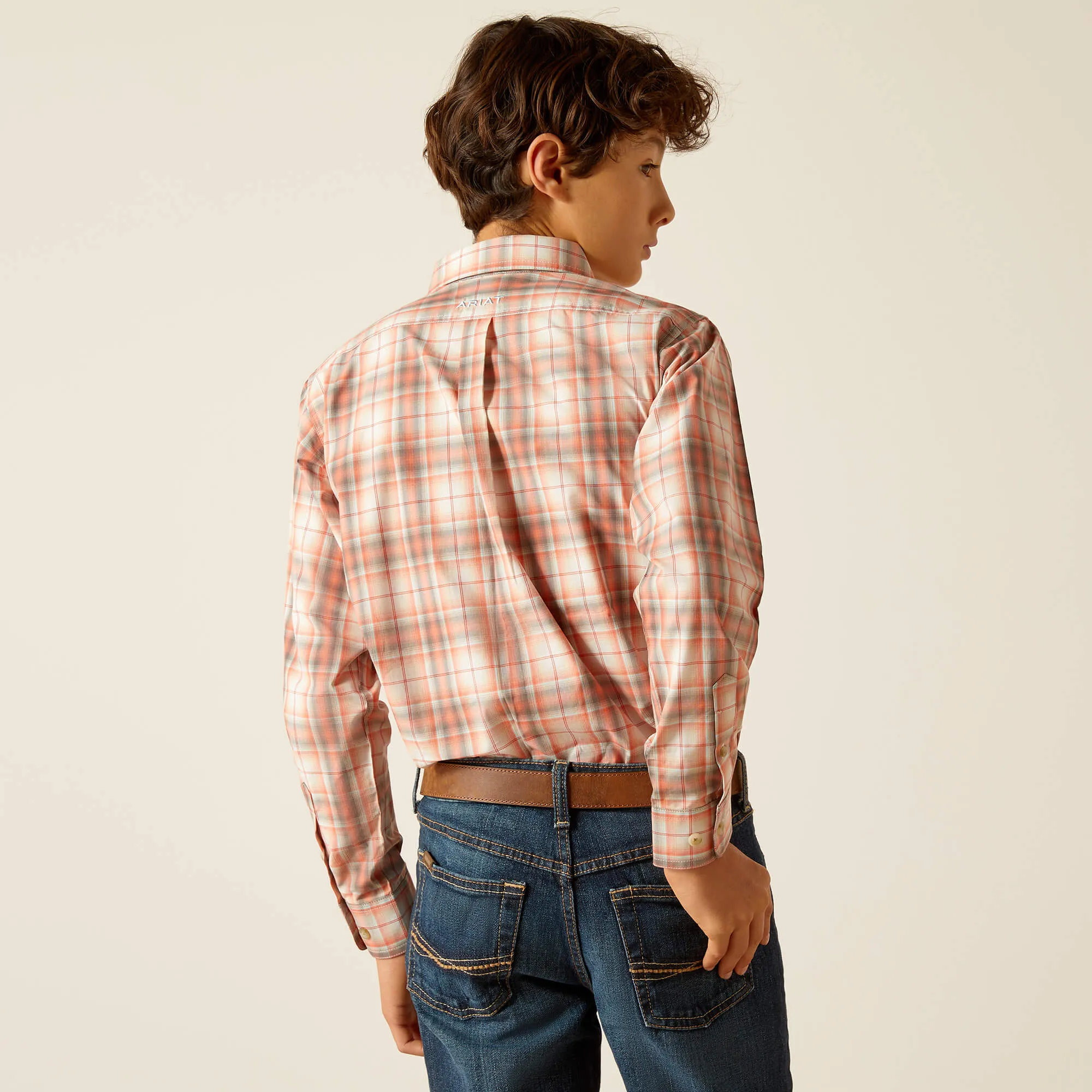 Ariat Boy's Pro Series Knox Classic Fit Button Down Shirt in Coral/Plaid