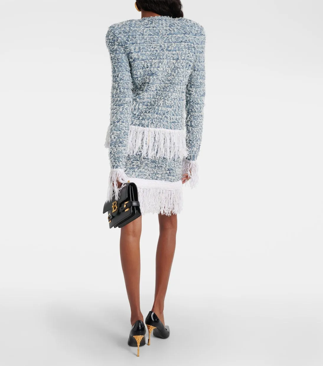 Balmain denim tweed jacket with fringe, blue