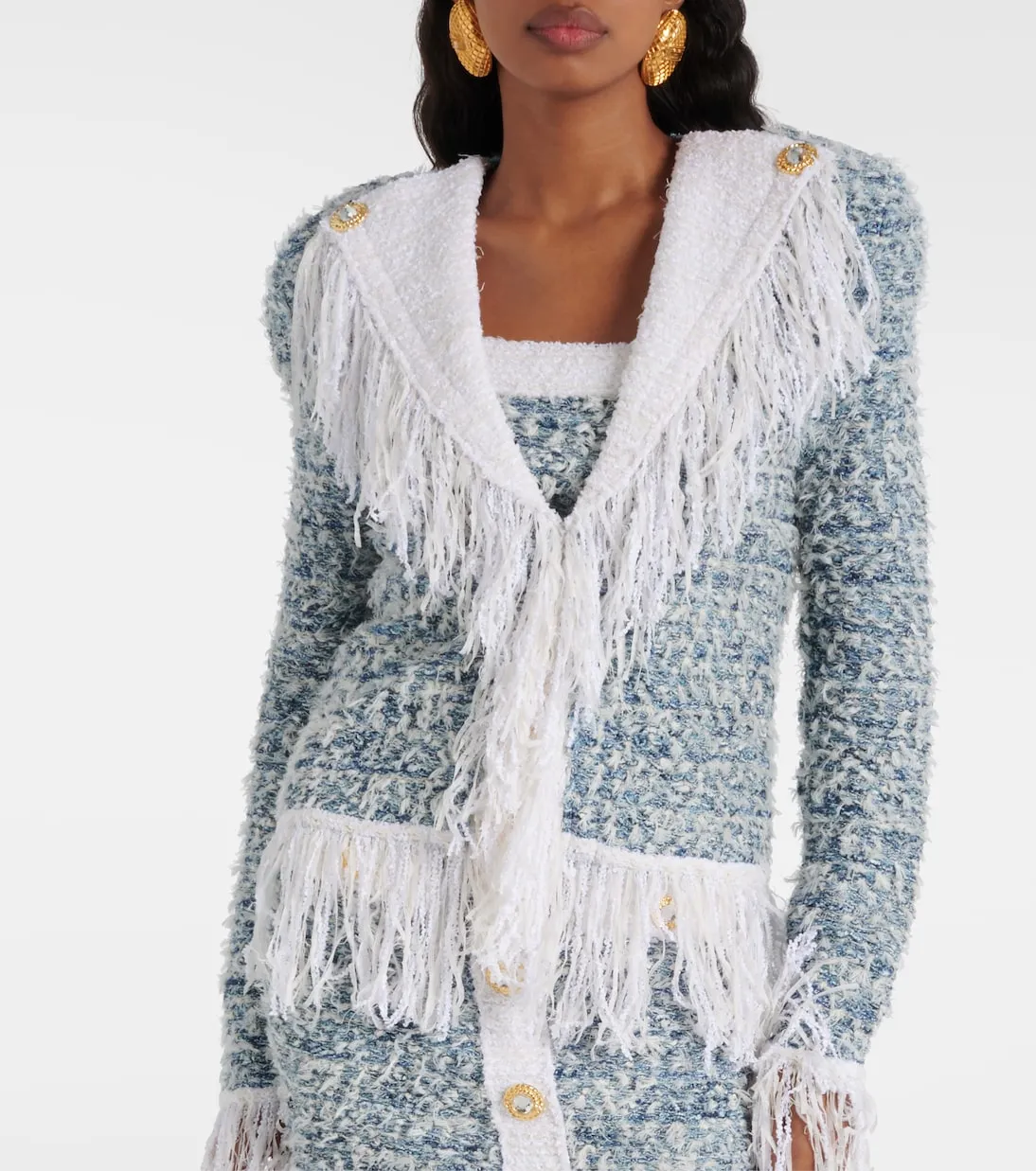 Balmain denim tweed jacket with fringe, blue