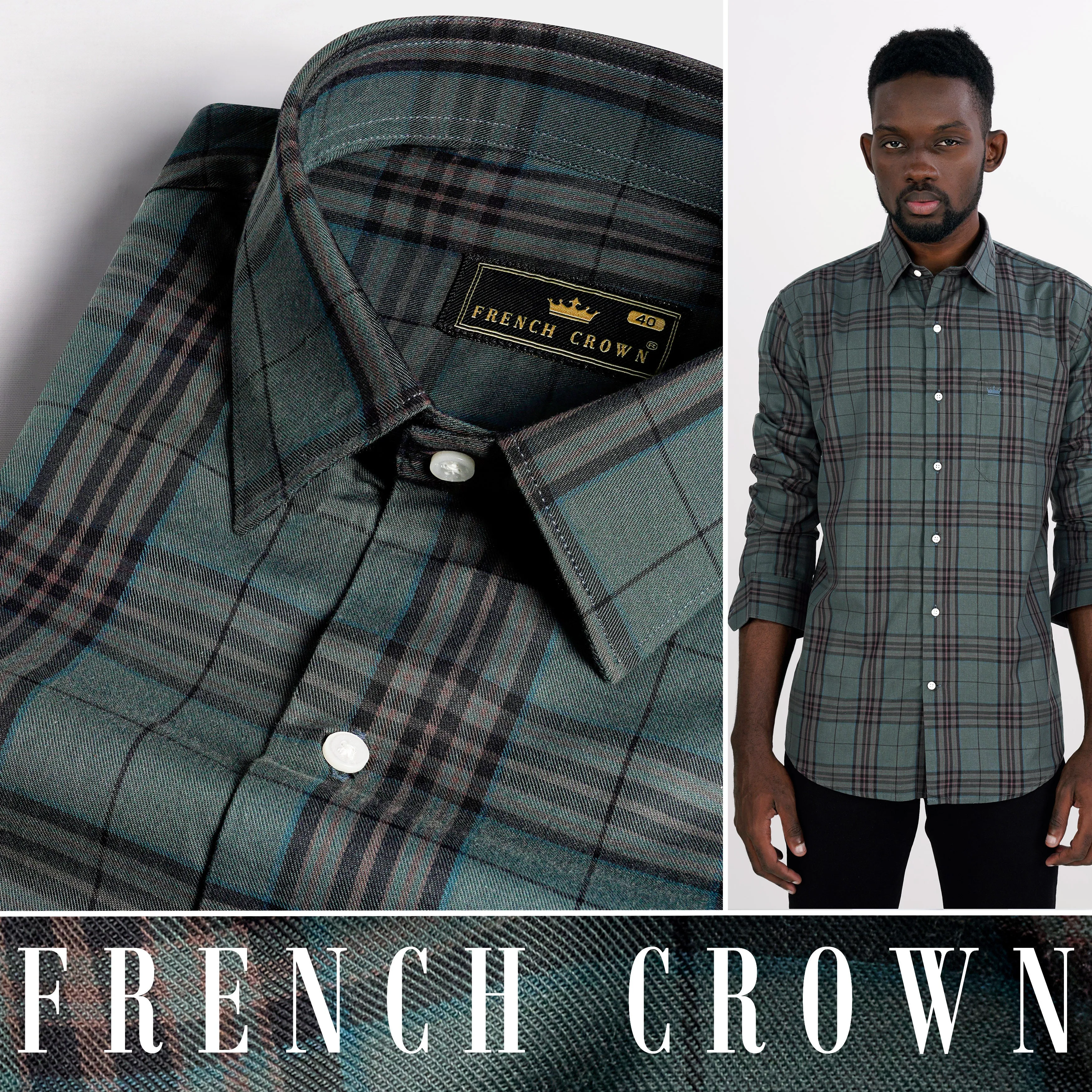 Bayoux Green with Onyx Black and Ferra Brown Twill Plaid Premium Cotton Shirt