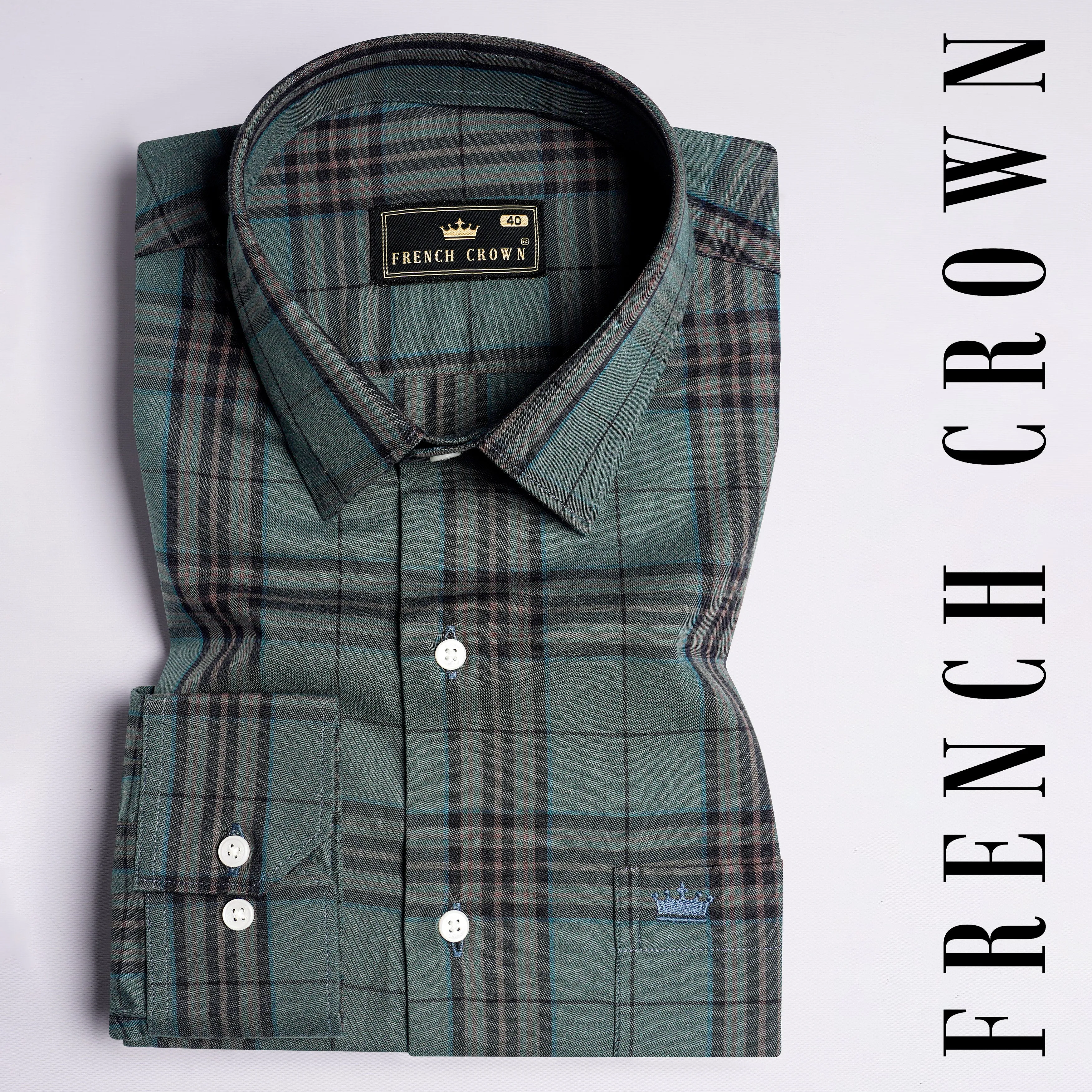Bayoux Green with Onyx Black and Ferra Brown Twill Plaid Premium Cotton Shirt