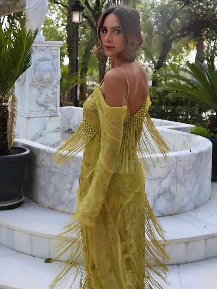 Boho-Chic Embroidered Maxi Dress: Elegant Split Back Style