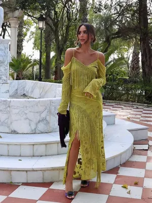 Boho-Chic Embroidered Maxi Dress: Elegant Split Back Style