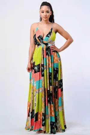 BOHO CHIC PATCHED PAISLEY CROSSED BACK MAXI DRESS