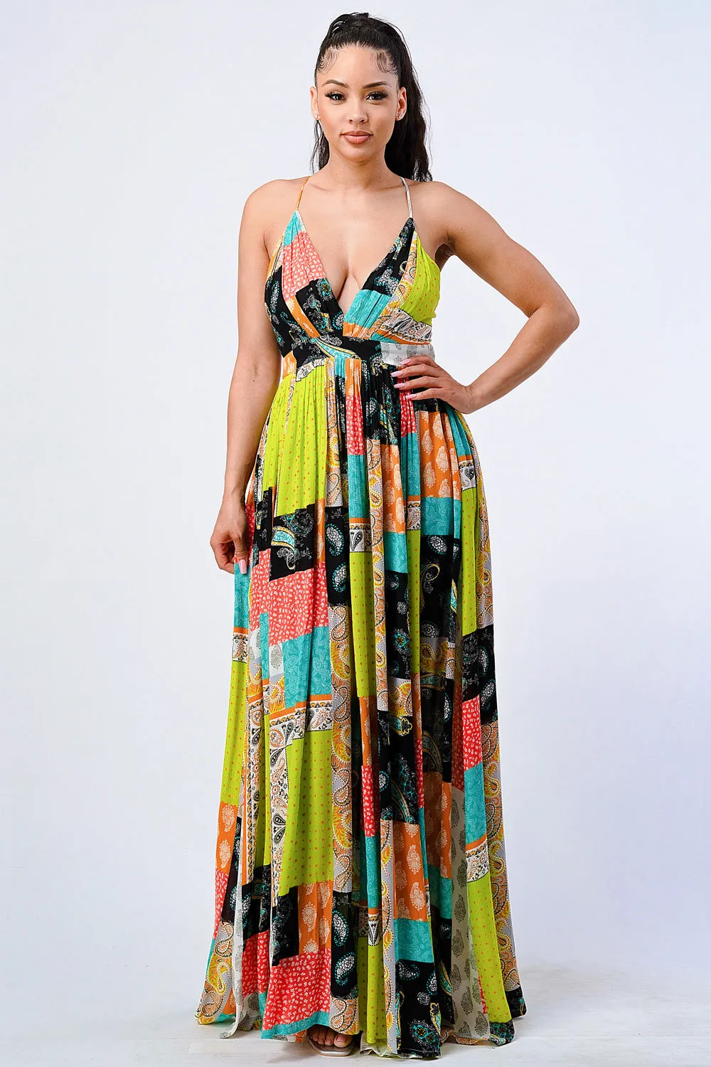 BOHO CHIC PATCHED PAISLEY CROSSED BACK MAXI DRESS