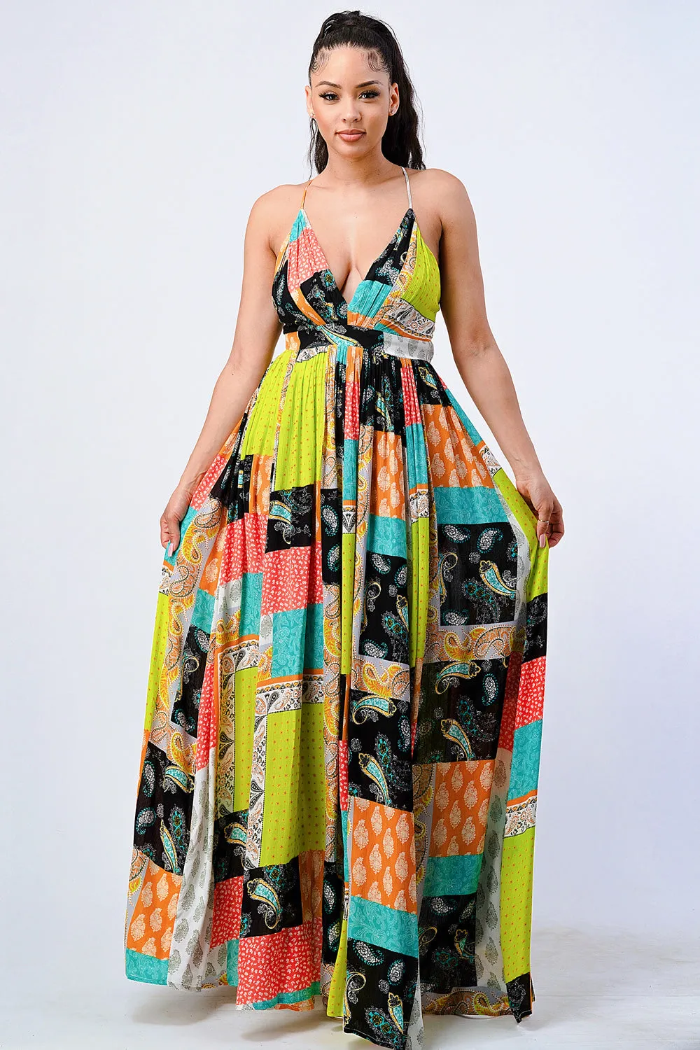 BOHO CHIC PATCHED PAISLEY CROSSED BACK MAXI DRESS