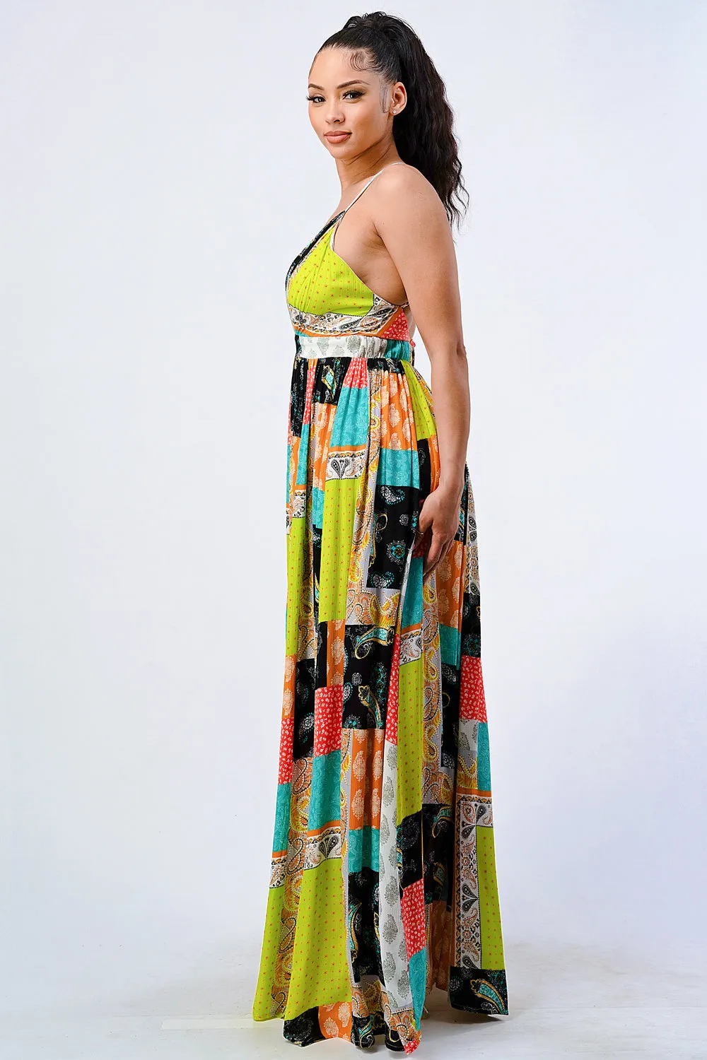 BOHO CHIC PATCHED PAISLEY CROSSED BACK MAXI DRESS