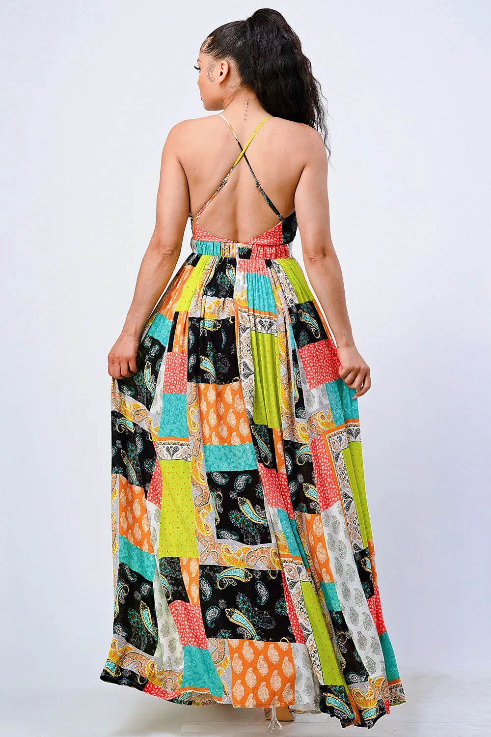 BOHO CHIC PATCHED PAISLEY CROSSED BACK MAXI DRESS
