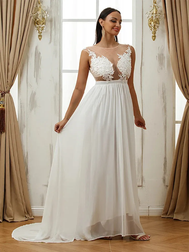 Boho Chiffon Wedding Dresses Appliques Lace O-Neck Sexy  A-Line Bridal Gown Sweep Train Vestidos De Novia