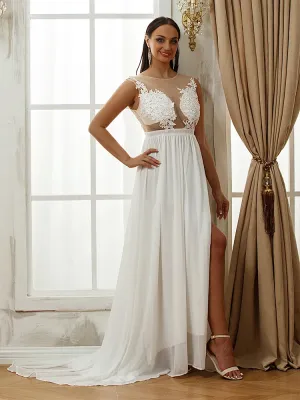 Boho Chiffon Wedding Dresses Appliques Lace O-Neck Sexy  A-Line Bridal Gown Sweep Train Vestidos De Novia