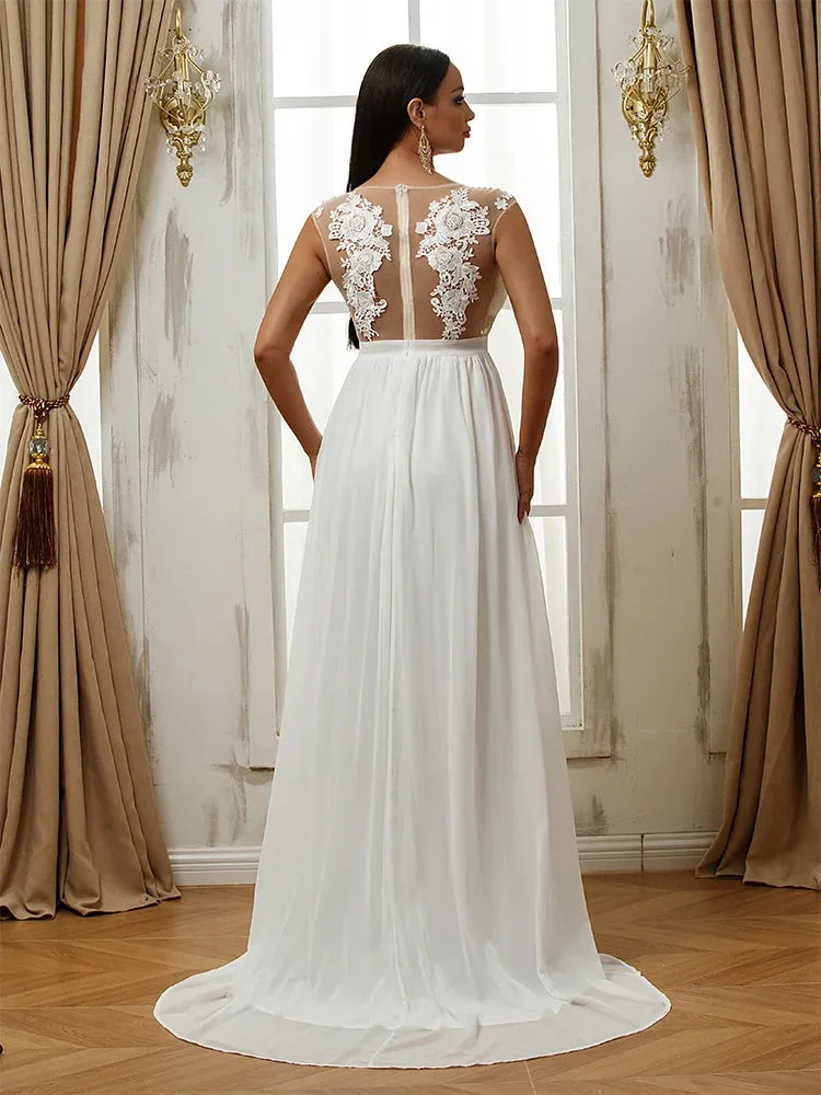 Boho Chiffon Wedding Dresses Appliques Lace O-Neck Sexy  A-Line Bridal Gown Sweep Train Vestidos De Novia