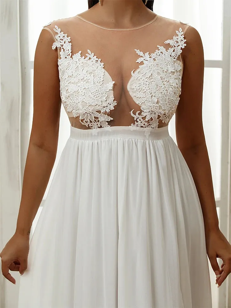 Boho Chiffon Wedding Dresses Appliques Lace O-Neck Sexy  A-Line Bridal Gown Sweep Train Vestidos De Novia