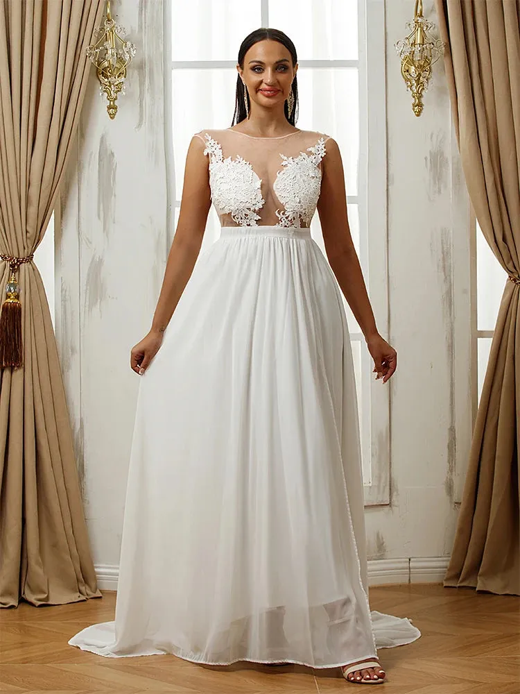 Boho Chiffon Wedding Dresses Appliques Lace O-Neck Sexy  A-Line Bridal Gown Sweep Train Vestidos De Novia