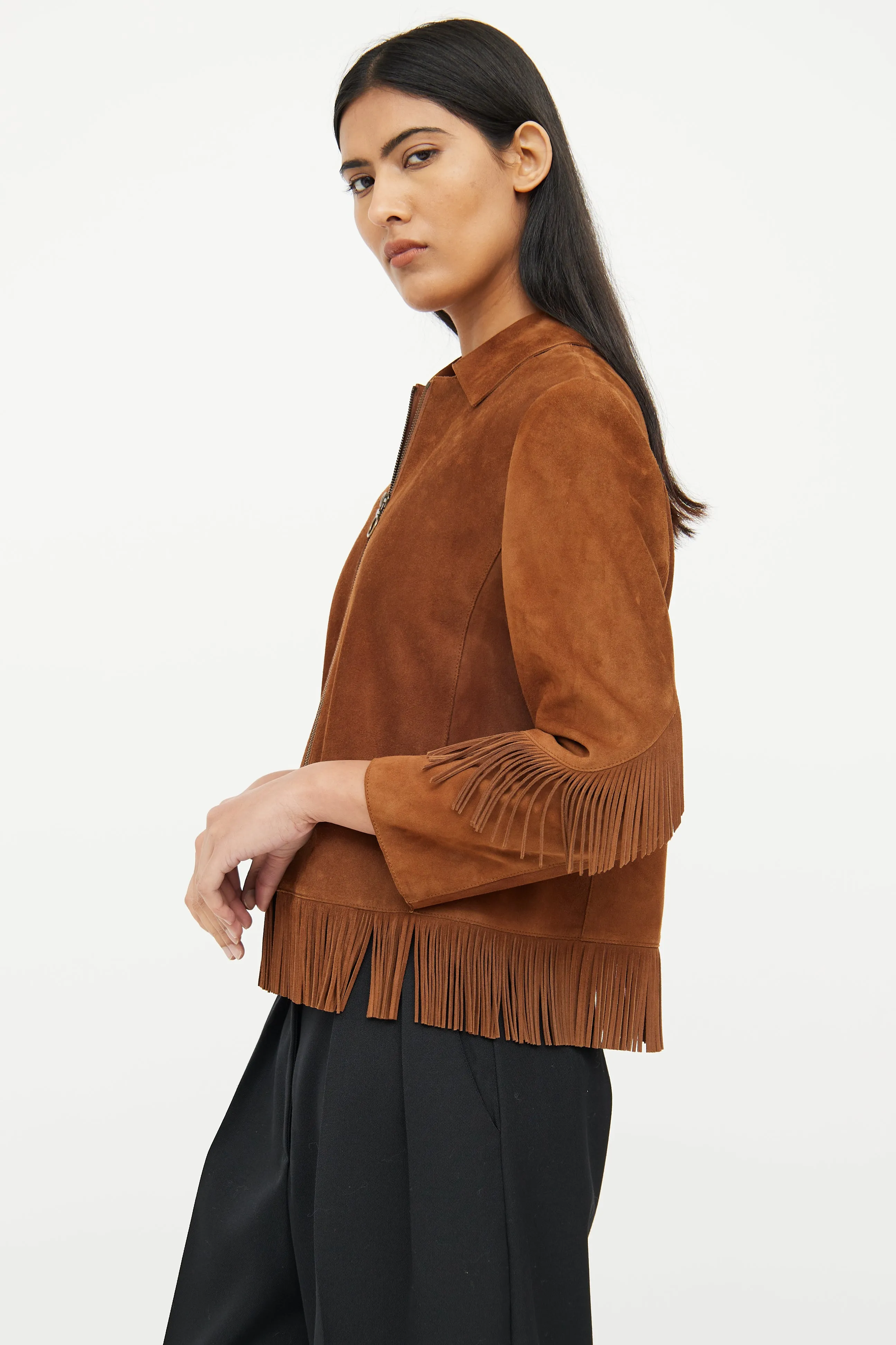 Brown Suede Fringe Zip Jacket