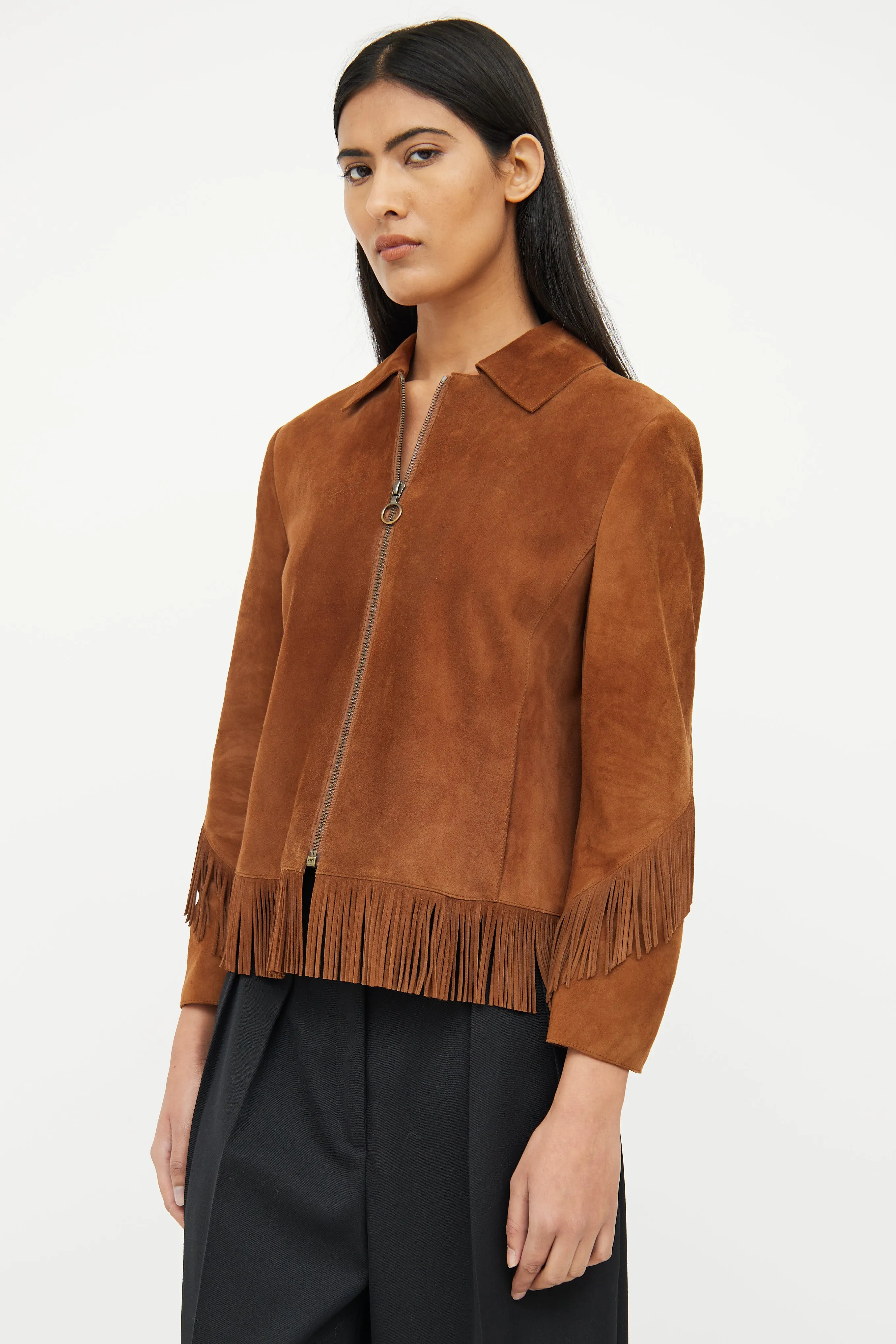 Brown Suede Fringe Zip Jacket