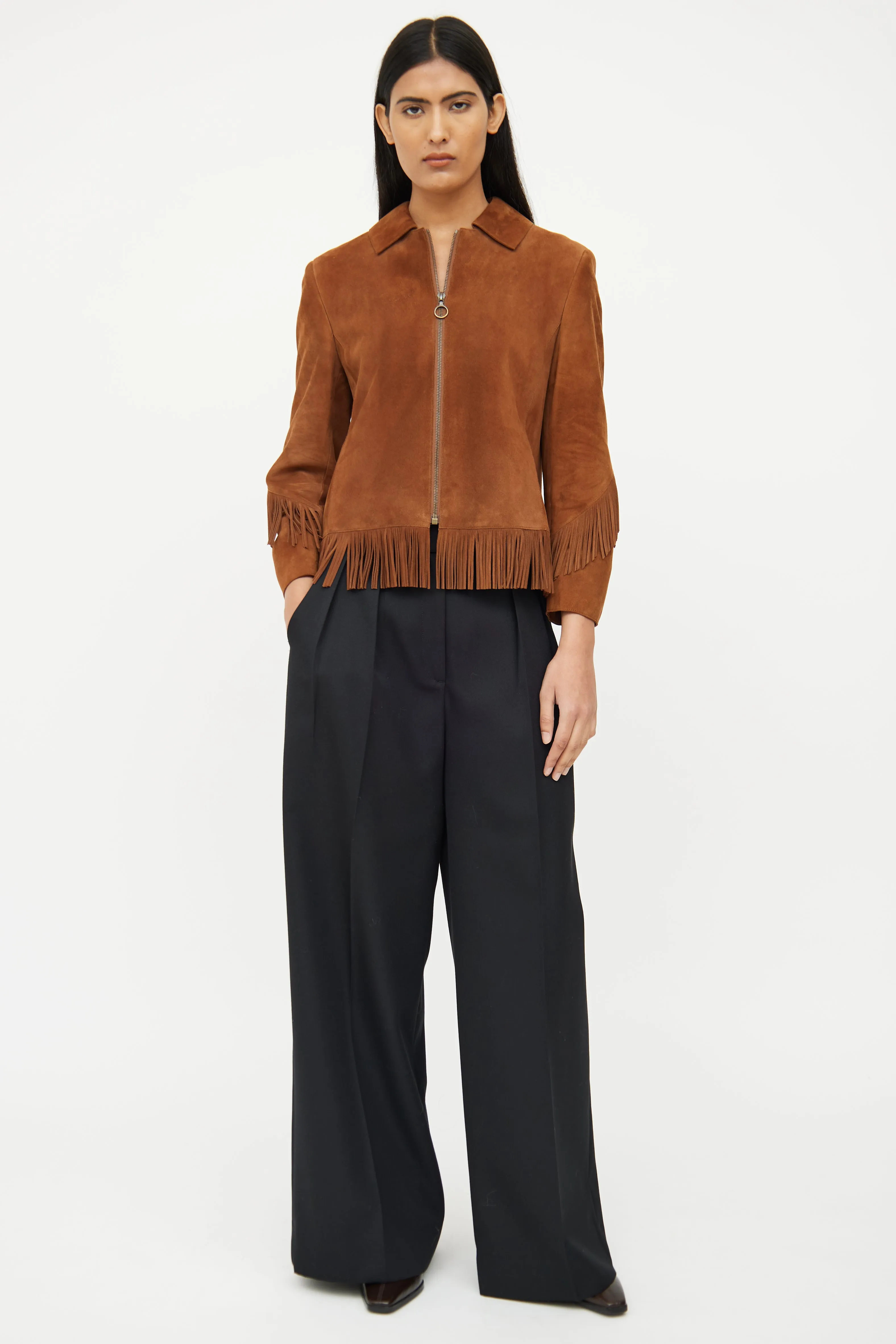 Brown Suede Fringe Zip Jacket