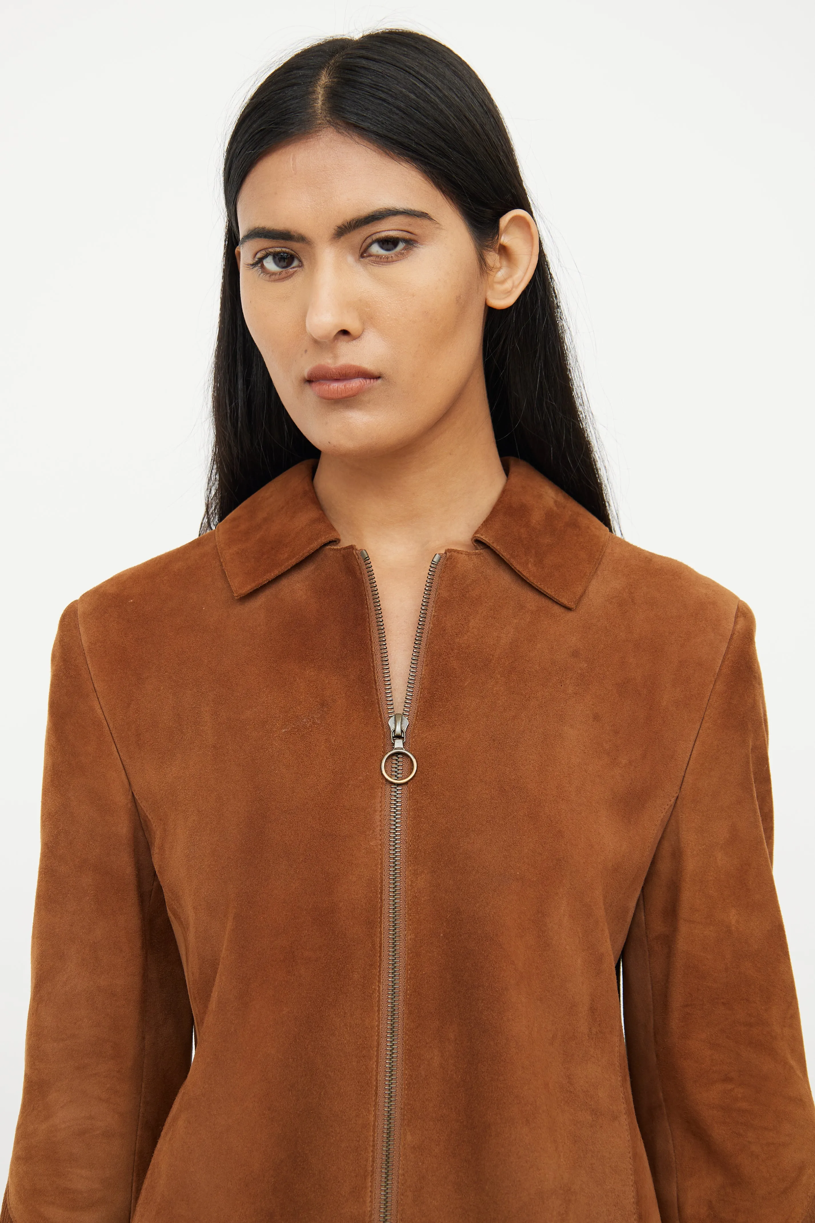Brown Suede Fringe Zip Jacket