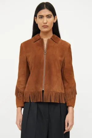 Brown Suede Fringe Zip Jacket