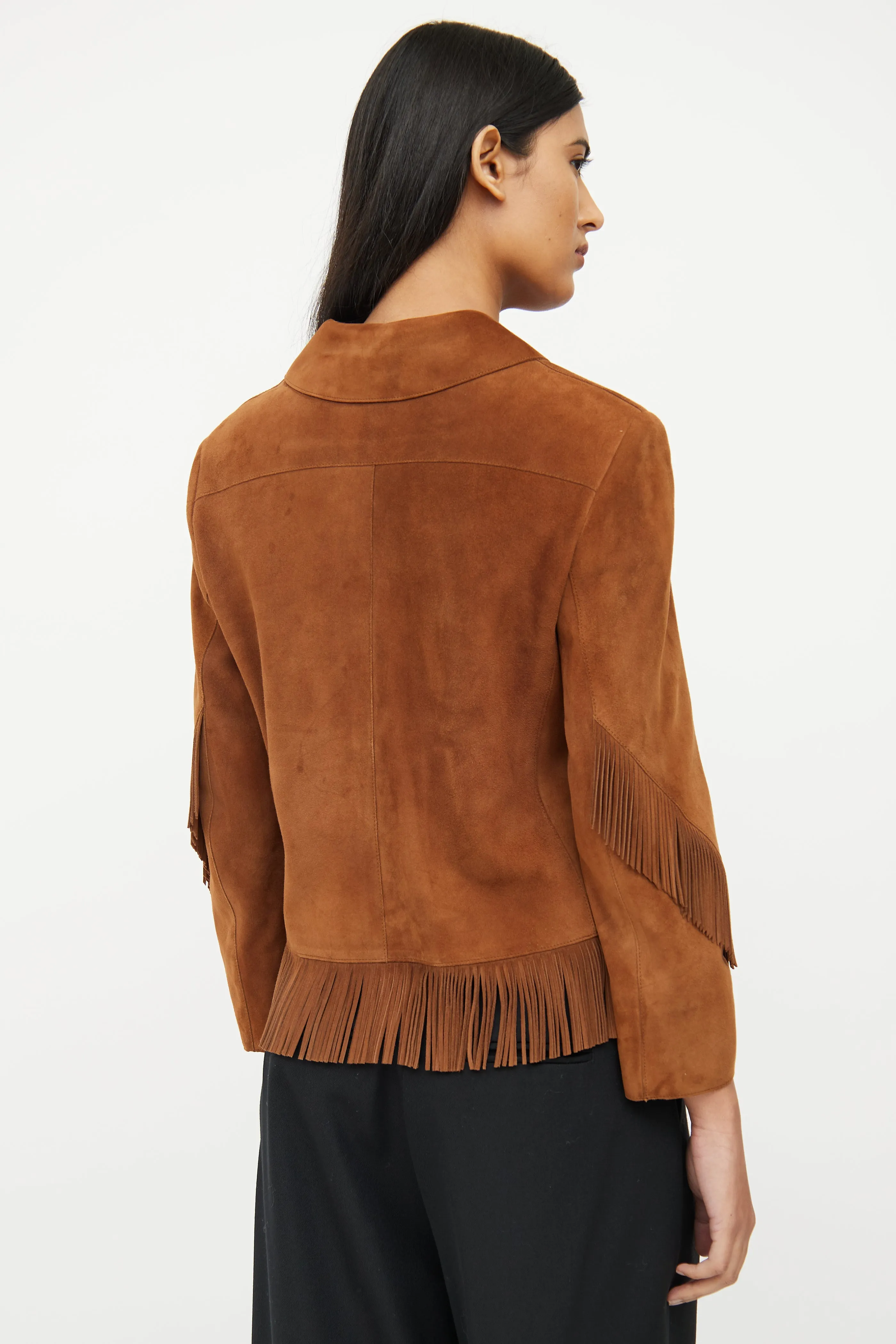 Brown Suede Fringe Zip Jacket