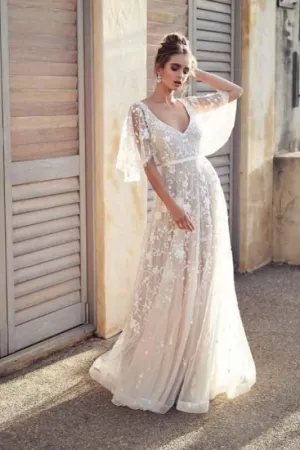 Cheap V Neck Half Sleeve Lace Boho Wedding Dresses