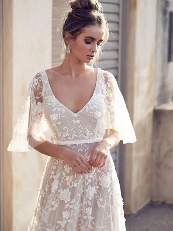 Cheap V Neck Half Sleeve Lace Boho Wedding Dresses