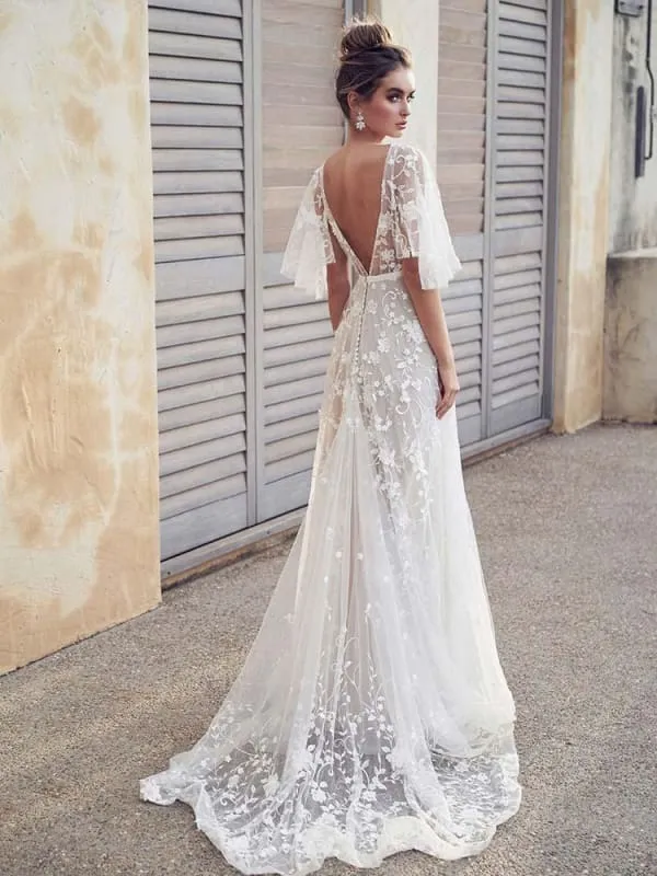 Cheap V Neck Half Sleeve Lace Boho Wedding Dresses