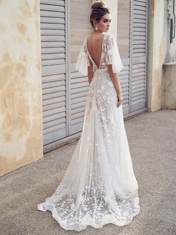 Cheap V Neck Half Sleeve Lace Boho Wedding Dresses