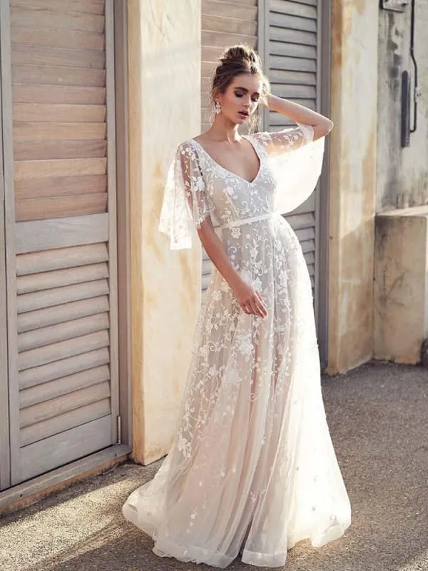Cheap V Neck Half Sleeve Lace Boho Wedding Dresses