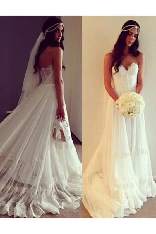 Chic Boho Beach Sweetheart Lace A Line Wedding Dress