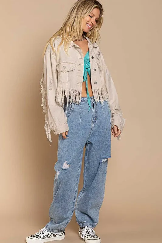 Denim distressed fringe jacket