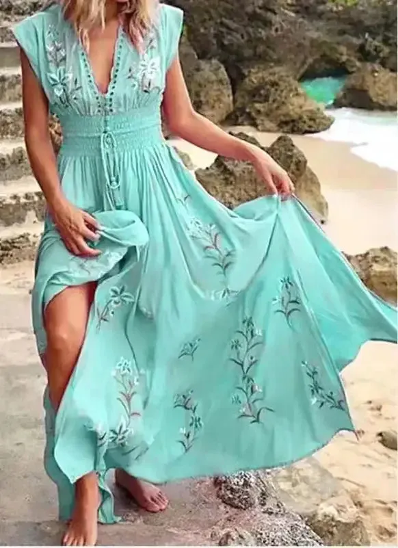 DressBetty - 2024 Elegant Boho Floral Print Long Dress V Neck Boho Dress