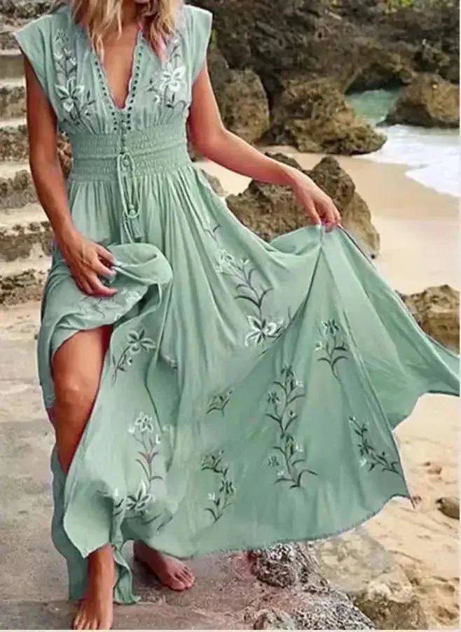 DressBetty - 2024 Elegant Boho Floral Print Long Dress V Neck Boho Dress
