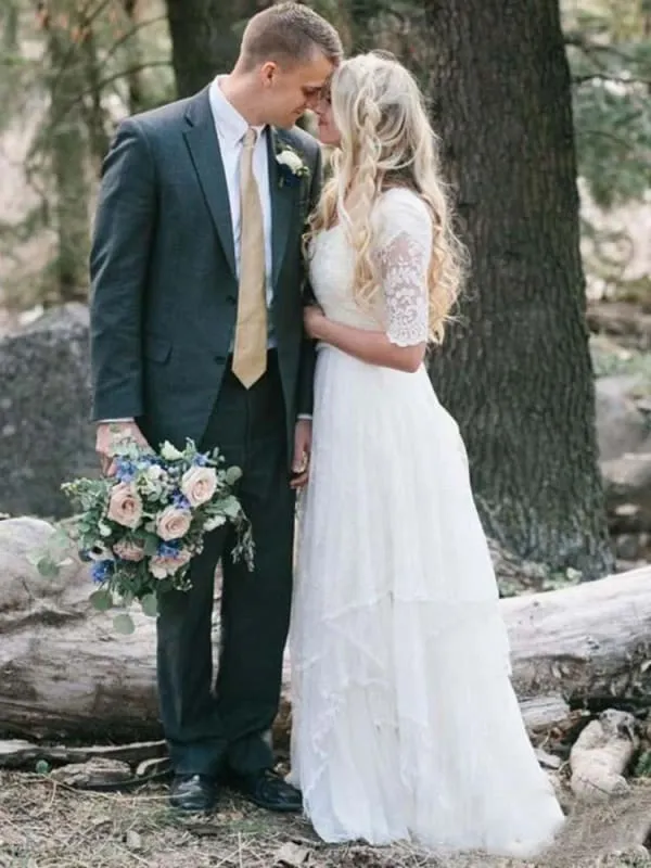 Elegant Half Sleeves V-neck Lace Boho Wedding Dress