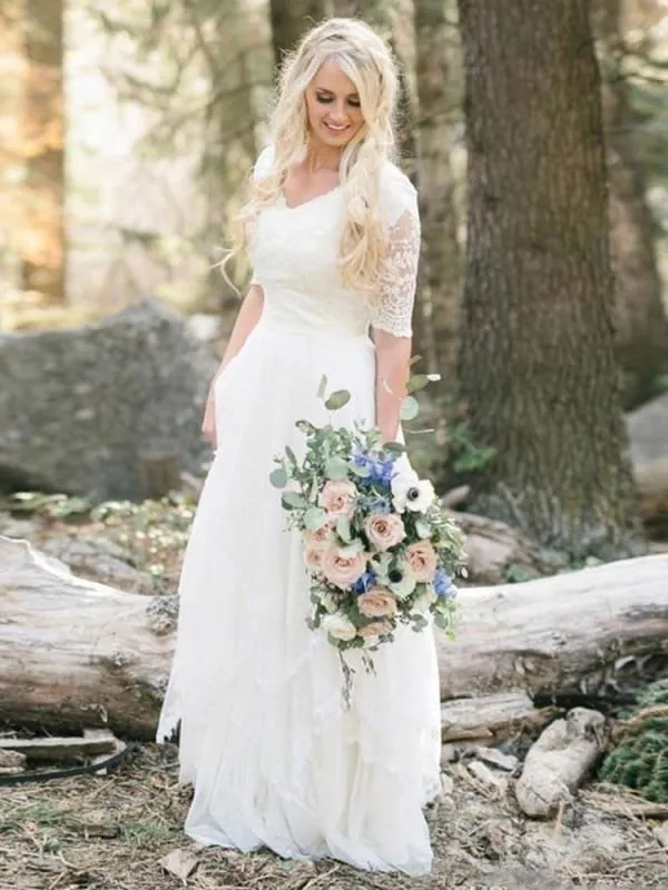 Elegant Half Sleeves V-neck Lace Boho Wedding Dress
