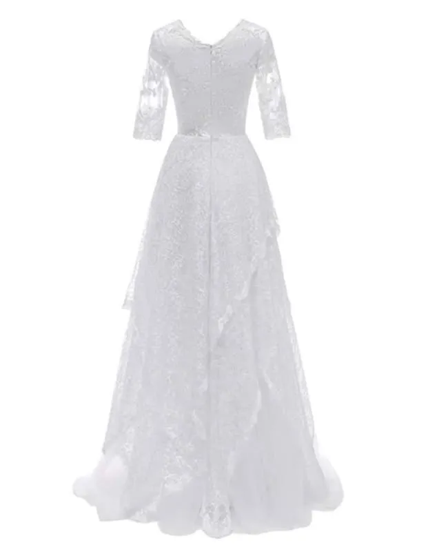 Elegant Half Sleeves V-neck Lace Boho Wedding Dress