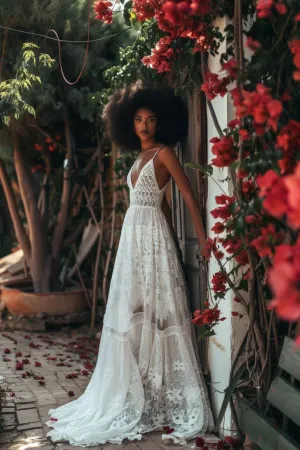Ellie Loverxu  V Neck  White  Boho Gown  Wedding Dress