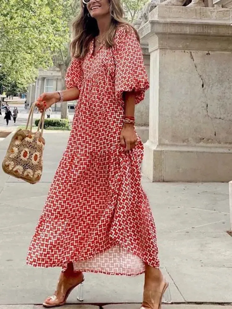 FashionSierra - 2024 Half Bubble Sleeves V-Neck Fashion Print Boho Dress