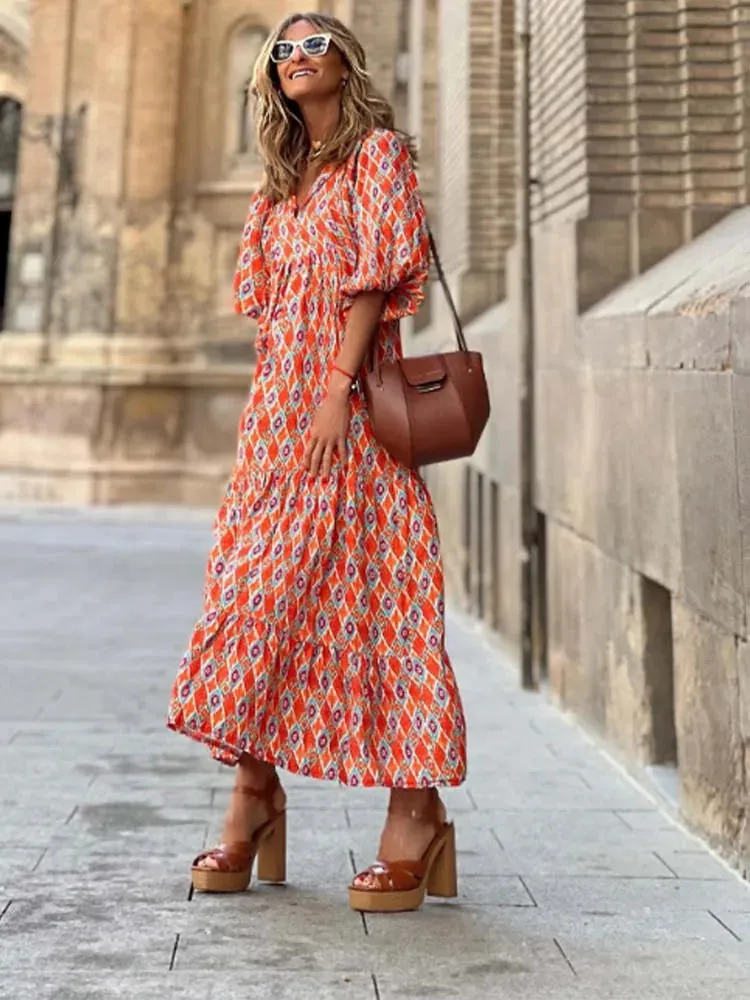 FashionSierra - 2024 Half Bubble Sleeves V-Neck Fashion Print Boho Dress