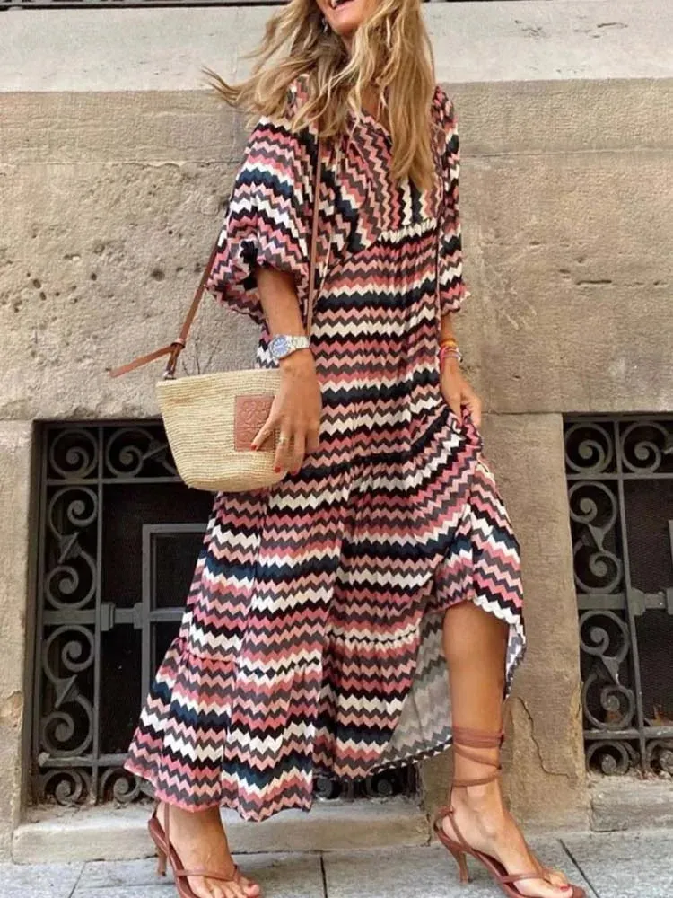 FashionSierra - 2024 Half Bubble Sleeves V-Neck Fashion Print Boho Dress