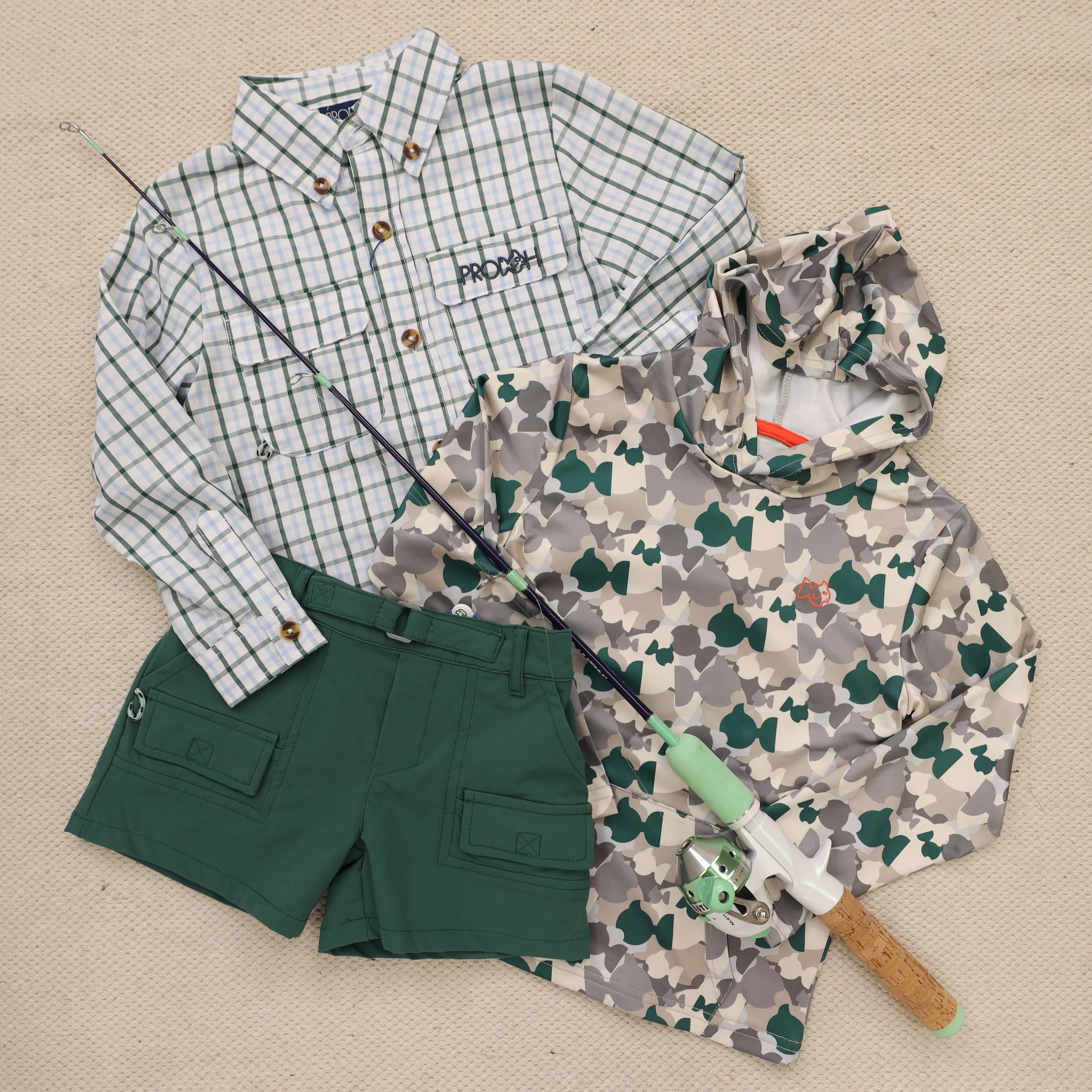 Founders Kids Fishing Shirt- Posy Green Powder Blue Windowpane