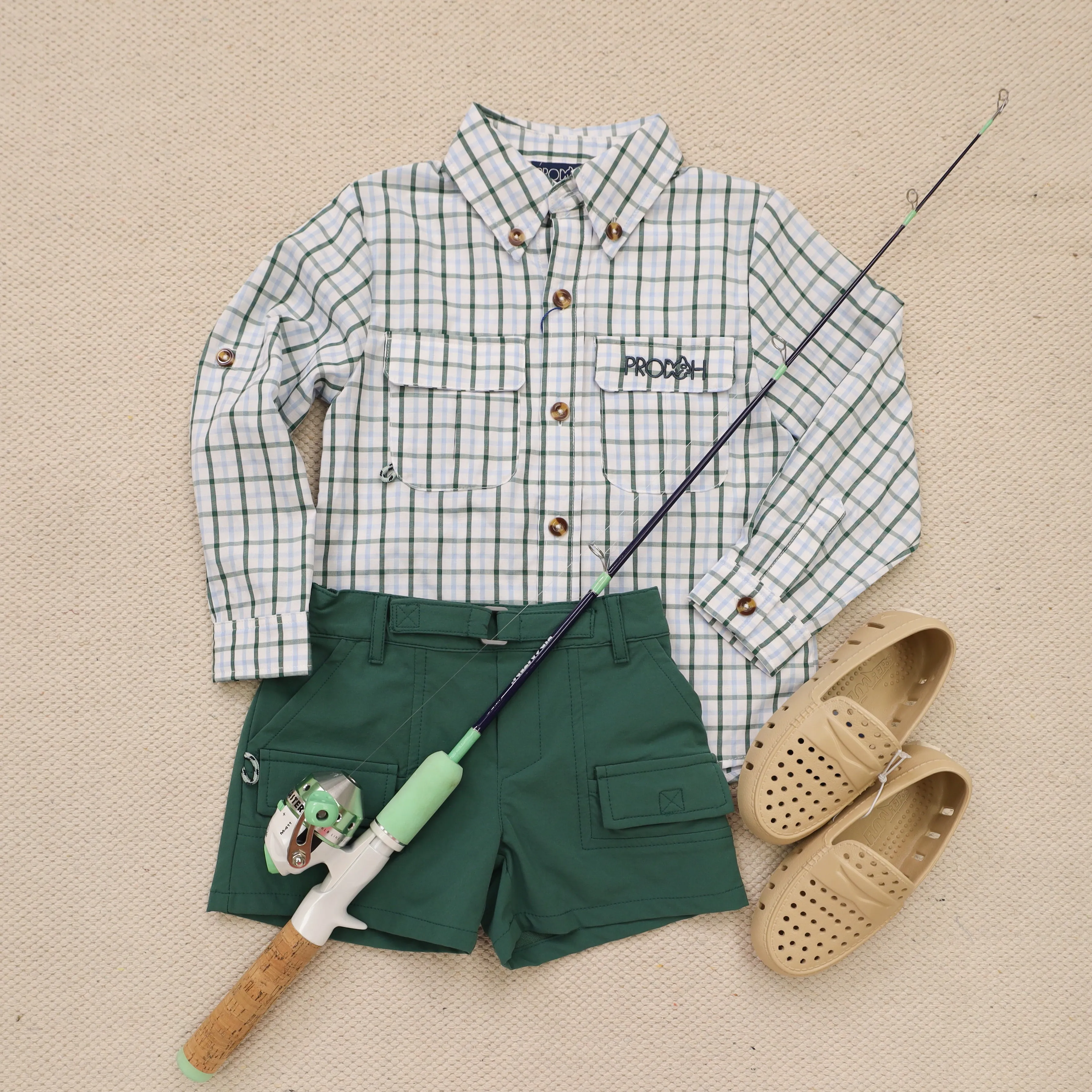 Founders Kids Fishing Shirt- Posy Green Powder Blue Windowpane