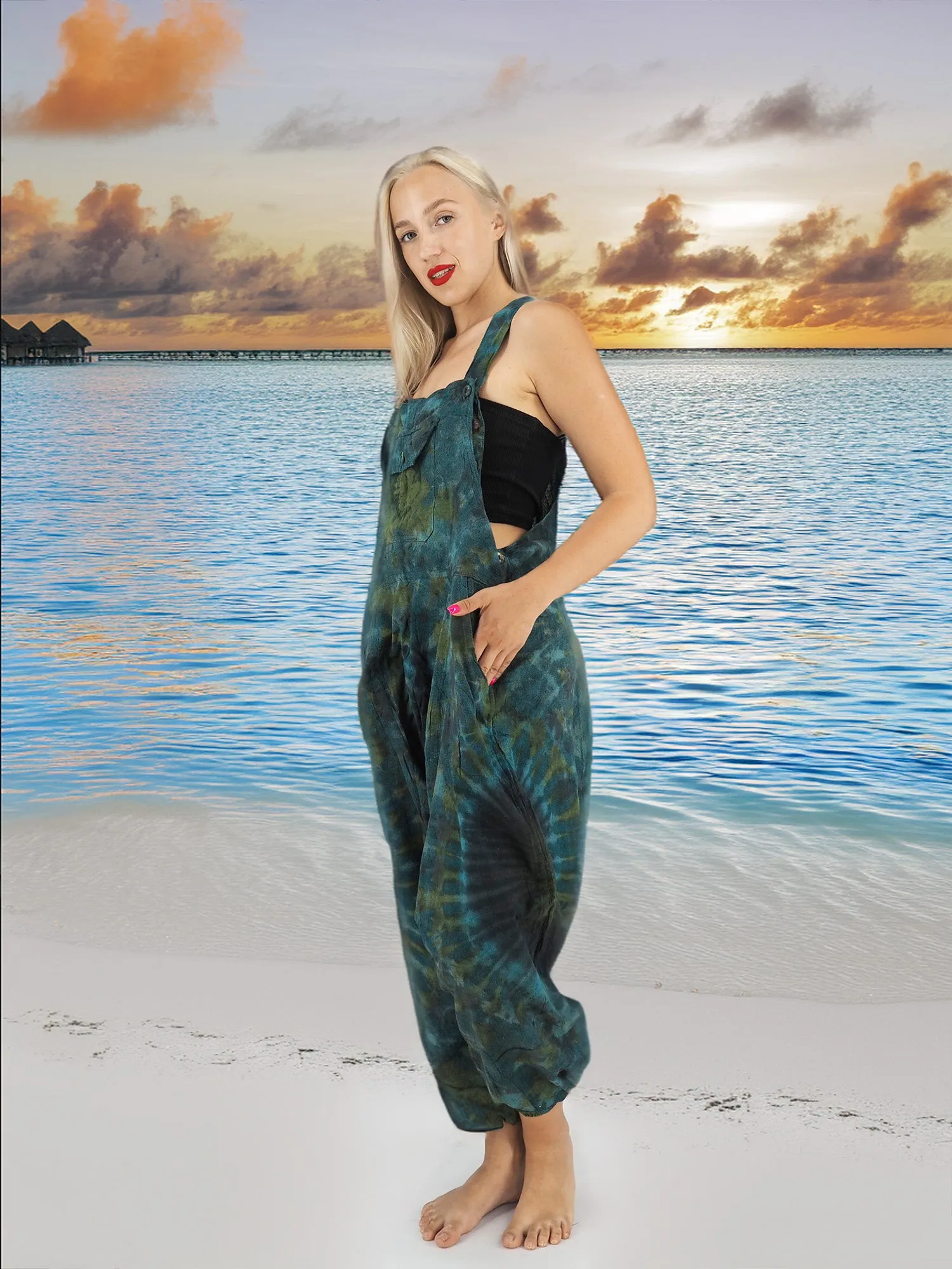 Hand Dyed Batik Boho Hippie Cotton Pants Overall Jumper Size S/M to XXL Blue Turquoise