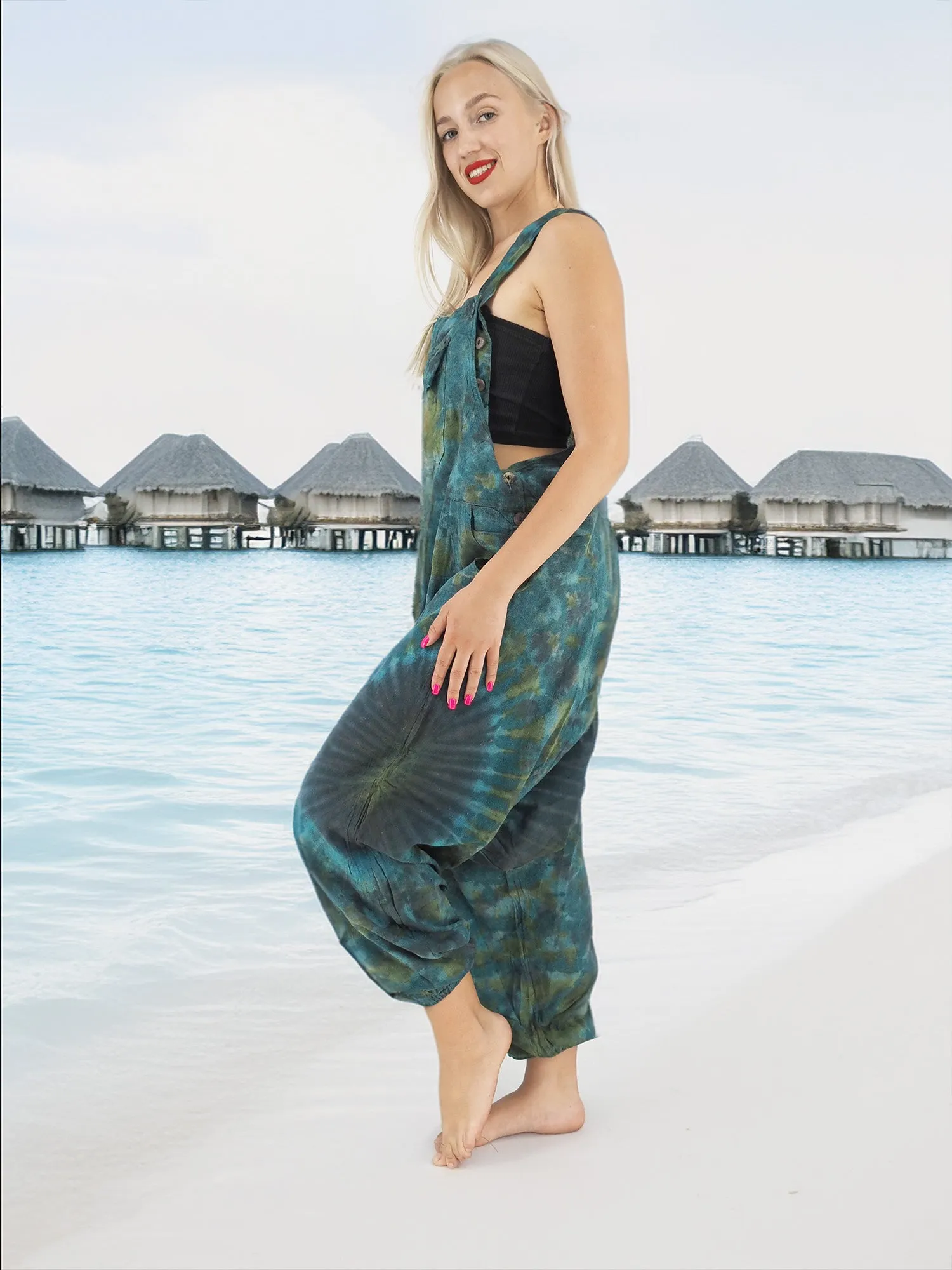 Hand Dyed Batik Boho Hippie Cotton Pants Overall Jumper Size S/M to XXL Blue Turquoise