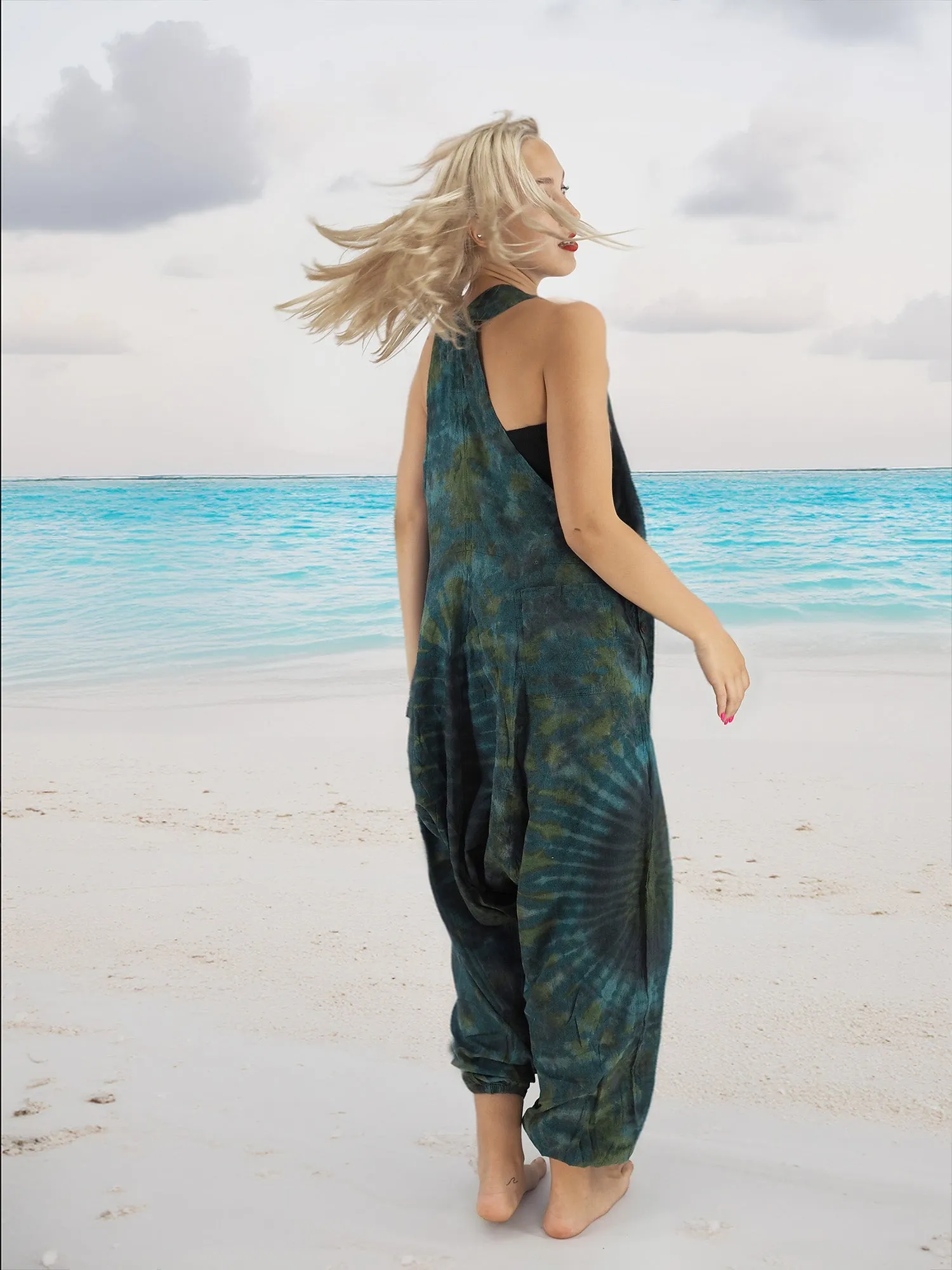 Hand Dyed Batik Boho Hippie Cotton Pants Overall Jumper Size S/M to XXL Blue Turquoise