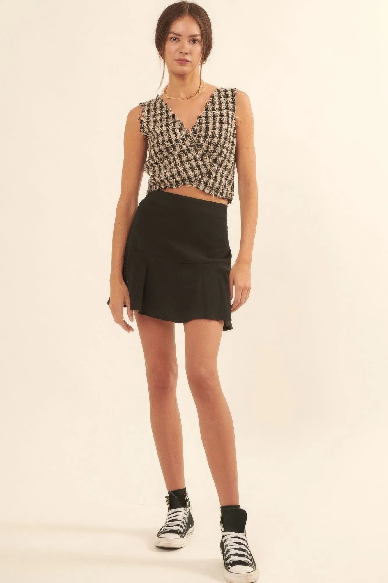 Hit Girl Sabrina Plaid Woven Short Sleeve Crop Top