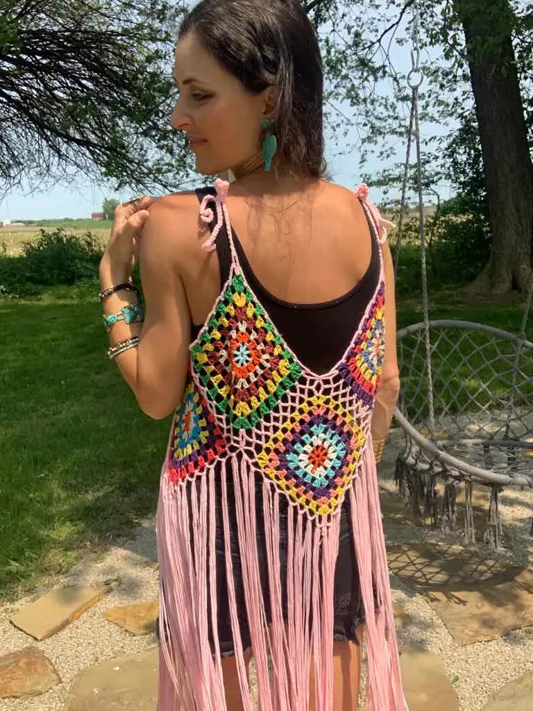 Pink Hippie Crochet Fringe Duster