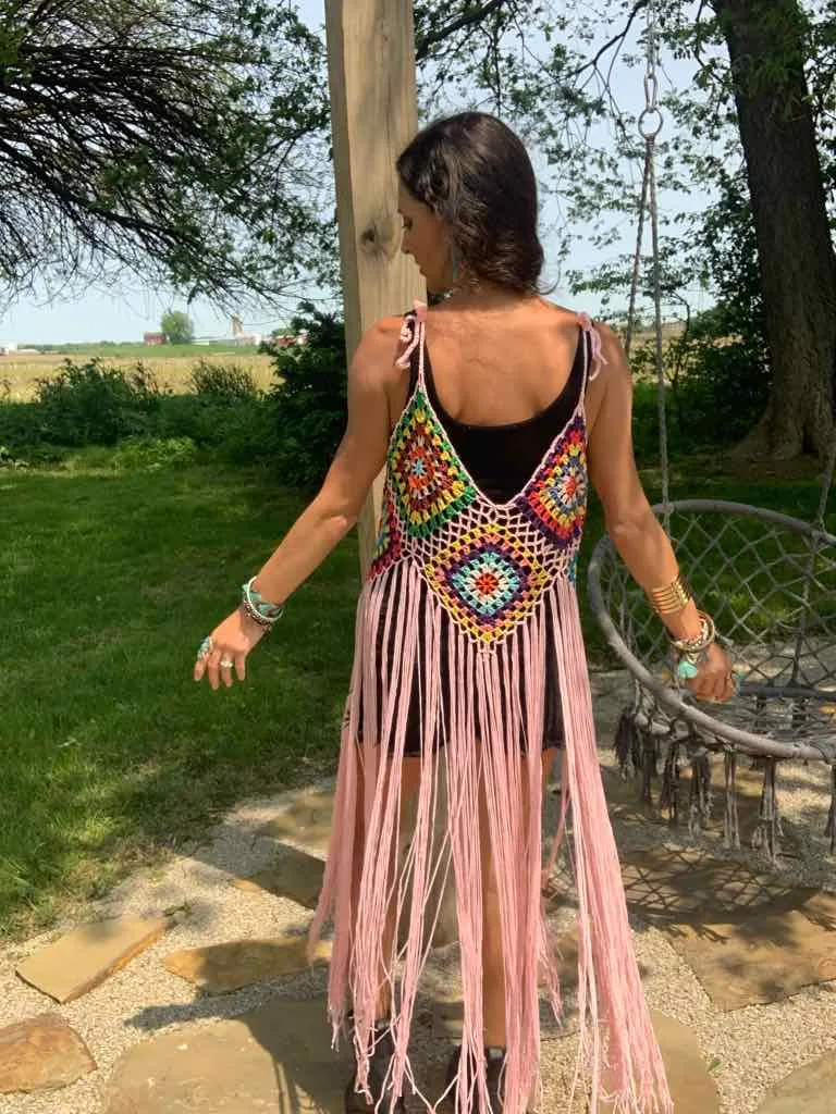 Pink Hippie Crochet Fringe Duster