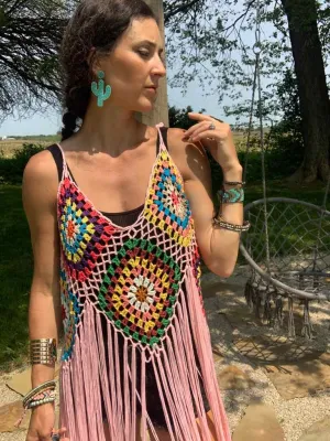 Pink Hippie Crochet Fringe Duster